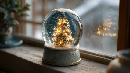 Illuminated Christmas Tree Snow Globe on Weathered Wooden Window Sill