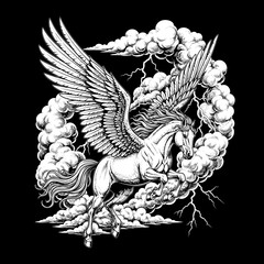 Majestic Pegasus Horse Flying Through Stormy Clouds.