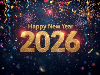 Sparkling golden happy new year 2026 with confetti and fireworks