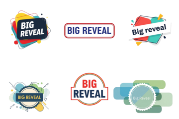 Big reveal label modern badge set with colorful announcement stamps, speech bubble style signs, layered reveal seals, perfect for launch events, product reveals, teaser campaigns and marketing banners