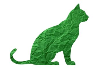 Cat sitting upright silhouette filled with green crumpled paper texture and pointed ears, isolated on a transparent background
