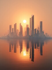 Obraz premium futuristic city skyline with modern skyscrapers reflecting in calm water under a bright hazy sun representing urban development