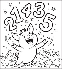 Fototapeta premium Cute cheerful pig counting letter black line art vector illustration, Animal coloring page for kids and adults