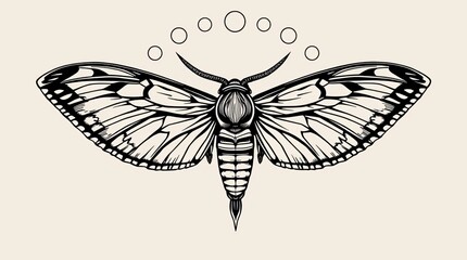 Moth Silhouette: A detailed monochrome illustration of a moth with spread wings, centered, and set against a light background, highlighting its intricate patterns and the circles above.