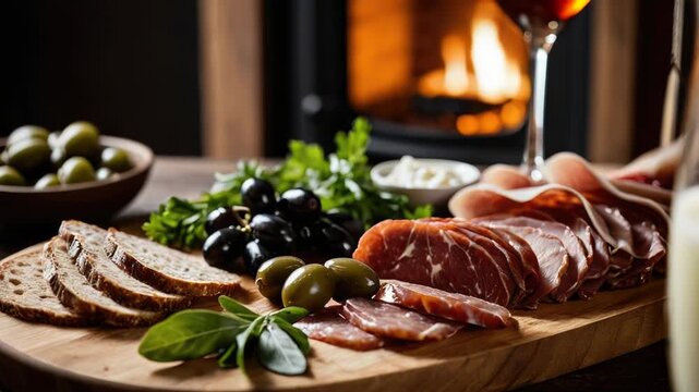 A wooden cutting board topped with sliced meats and olives, perfect for serving as an appetizer or snack