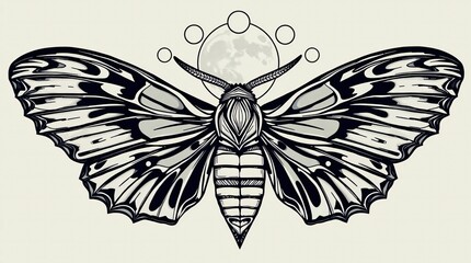 Mystical Moth Under Moonlight: A detailed artistic depiction of a moth, its wings spread wide beneath the ethereal glow of the moon and stars, creating a symbol of transformation.