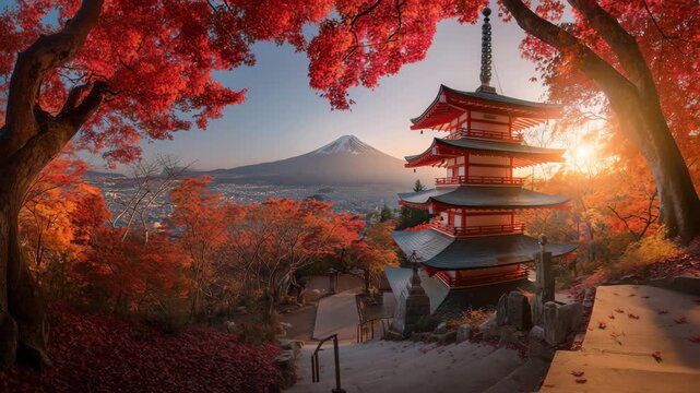 紅葉と五重塔の向こうに富士山が見える秋の遠景