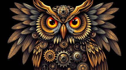 Steampunk Owl: A magnificent owl crafted from intricate mechanical parts, set against a dark backdrop, exuding a sense of industrial artistry.