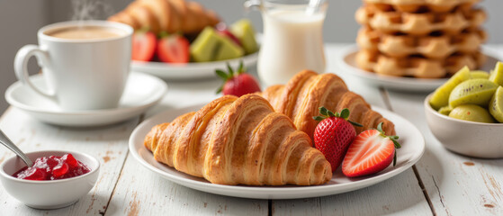 Delicious croissants with fresh strawberries, served with coffee, fruit, and waffles, create cozy breakfast scene