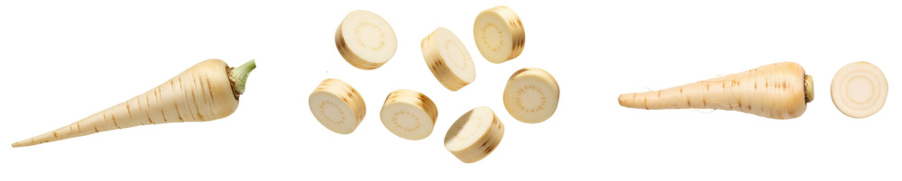 Parsnip Root Vegetable Set PNG. Collection of whole fresh roots and flying round slices. Organic white carrot variety pack. Healthy soup ingredient for autumn cooking and food packaging design PNG