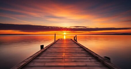 Serene sunset over a tranquil lake with a wooden dock extending into the water
