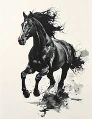 A brush-drawn ink painting of a horse in motion　筆で描いた躍動する馬の墨絵