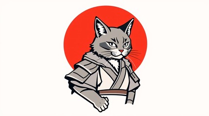 Feline Warrior and the Rising Sun: A courageous feline, clad in samurai armor, stands resolute against a vibrant rising sun background. Embodying courage and stoicism.