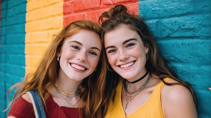 Two young women with long, red hair leaning against a colorful, striped wall, smiling and posing for a photo.