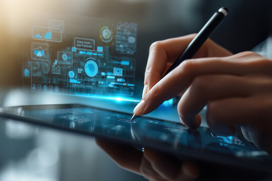 A handwriting with a stylus on a glowing digital interface.