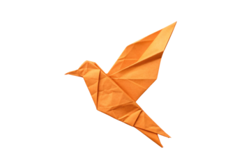 Elegant origami bird folded from orange paper showing graceful flight pose with extended wing and streamlined body, isolated on a transparent background