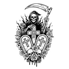 Grim Reaper Holding Scythe with Tombstones and Roses.