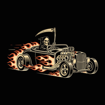 Grim Reaper driving a flaming hot rod car.