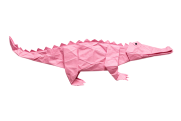 Pink origami crocodile with geometric angular body featuring prominent spikes teeth and armored reptilian texture, isolated on a transparent background
