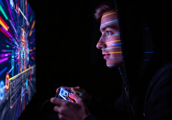 Caucasian man playing video game with gamepad in dark room. Youth gaming culture and digital entertainment concept for recreational activity.
