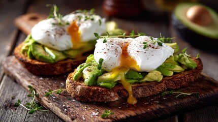 Two avocado toast with poached eggs on a rustic wooden board, garnished with fresh herbs and a drizzle of olive oil.