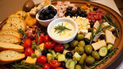 Colorful Gourmet Charcuterie Board with Fresh Fruits, Cheeses, and Olives