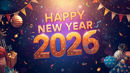 Happy new year 2026 celebration with festive decorations and confetti