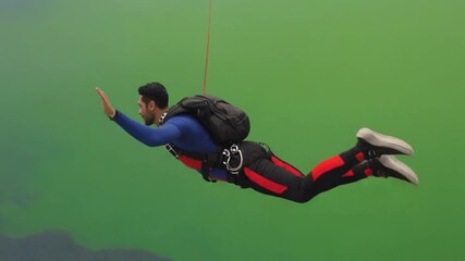 Skydiver in mid air against a green screen background