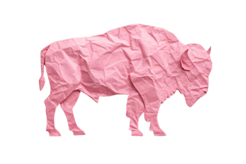 Pink crumpled paper bison or buffalo standing with textured muscular body profile, isolated on a transparent background