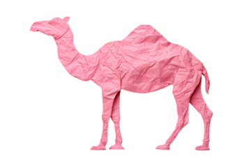 Pink wrinkled paper origami camel dromedary with curved neck standing in side view position gracefully, isolated on a transparent background