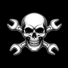 Skull and Crossed Wrenches Illustration on Black Background.