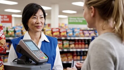 Smiling Cashier Helps Female Customer Pay with Credit Card at Supermarket Checkout, Illustrating Efficient Retail Transaction
