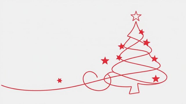 ilustraci&oacute;n minimalista de un &aacute;rbol de Navidad formado por una l&iacute;nea roja continua, coronado con una estrella y rodeado de peque&ntilde;as estrellas rojas sobre un fondo blanco limpio.