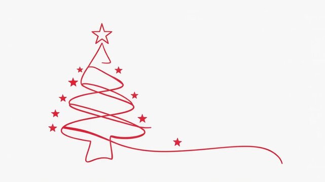 ilustraci&oacute;n minimalista de un &aacute;rbol de Navidad formado por una l&iacute;nea roja continua, coronado con una estrella y rodeado de peque&ntilde;as estrellas rojas sobre un fondo blanco limpio.
