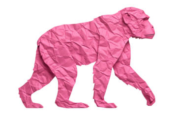 Pink textured paper origami chimpanzee ape primate walking on all fours in side profile position, isolated on a transparent background