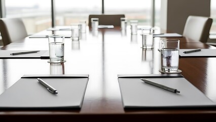Conference room table setting with notepads pens and water glasses for a meeting