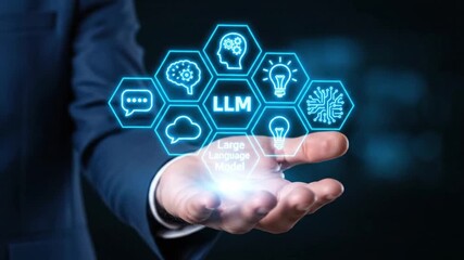 Businessman Hand Holding LLM Large Language Model AI Icons, Future Technology Concept