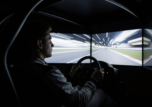 Man racing in a professional simulator for driver training and virtual reality experience. High-tech gaming or simulation room.