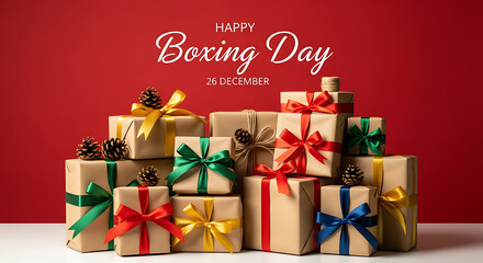 Happy Boxing Day greetings with festive gifts, colorful ribbons against a vibrant red background