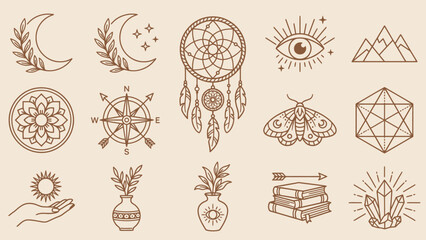 Mystical Bohemian Icon Set Featuring Moons, Crystals, Mandalas, and Dreamcatchers &ndash; Ideal for Spiritual Branding, Journaling, and Decorative Accents in Layouts, Campaigns, and Artistic Projects