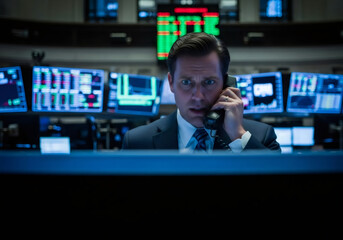 Caucasian man, a stockbroker, on phone with a worried expression, intensely monitoring multiple screens with stock market data for investment analysis.
