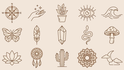 Mystical Nature Line-Art Icon Set Featuring Crystals, Snakes, Mushrooms, and Mandalas &ndash; Ideal for Mindfulness Branding, Spiritual Journaling, and Decorative Accents in Layouts, Campaigns, and Creative