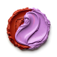 Fototapeta premium Swirl of two cosmetic cream textures, purple and brown, on clear surface for beauty product display and makeup art.