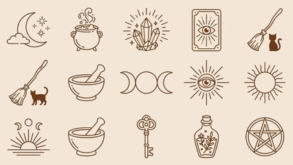 Witchcraft and Mystical Icon Set Featuring Cauldrons, Crystals, Tarot Cards, and Cats &ndash; Ideal for Magical Branding, Spiritual Journaling, and Decorative Accents in Layouts, Campaigns, and Creative 