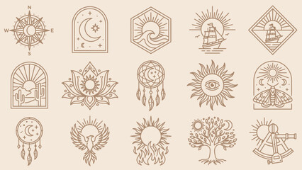 Bohemian Mystical Icon Set Featuring Crystals, Cacti, Dreamcatchers, and Celestial Motifs &ndash; Ideal for Spiritual Branding, Journaling, and Decorative Accents in Layouts, Tattoos, and Magical Campaigns