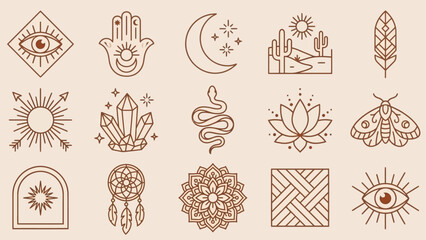 Bohemian Mystical Icon Set Featuring Hamsa Hands, Crystals, Mandalas, and Desert Suns &ndash; Ideal for Spiritual Branding, Journaling, and Decorative Accents in Layouts, Tattoos, and Magical Campaigns