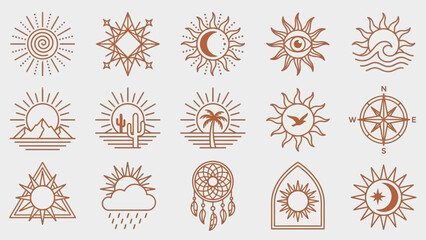 Bohemian Celestial Nature Icon Set Featuring Suns, Moons, Mountains, and Dreamcatchers &ndash; Ideal for Spiritual Branding, Journaling, and Decorative Accents in Layouts, Tattoos, and Cosmic-Themed 