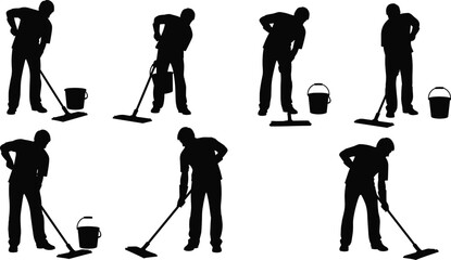 Obraz premium Mopping silhouette sequence, cleaning technique, janitorial action, bucket interaction, sanitation routine, floor care, hygiene posture, domestic chore, maintenance icon