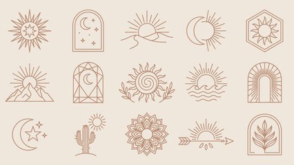 Bohemian Celestial Nature Icon Set Featuring Suns, Moons, Mountains, and Waves &ndash; Ideal for Spiritual Branding, Journaling, and Decorative Accents in Layouts, Tattoos, and Cosmic-Themed Creative 