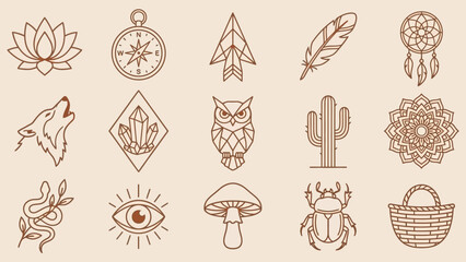 Bohemian Mystical Nature Icon Set Featuring Crystals, Mushrooms, Wolves, and Mandalas &ndash; Ideal for Spiritual Branding, Journaling, and Decorative Accents in Layouts, Tattoos, and EarthInspired Creative